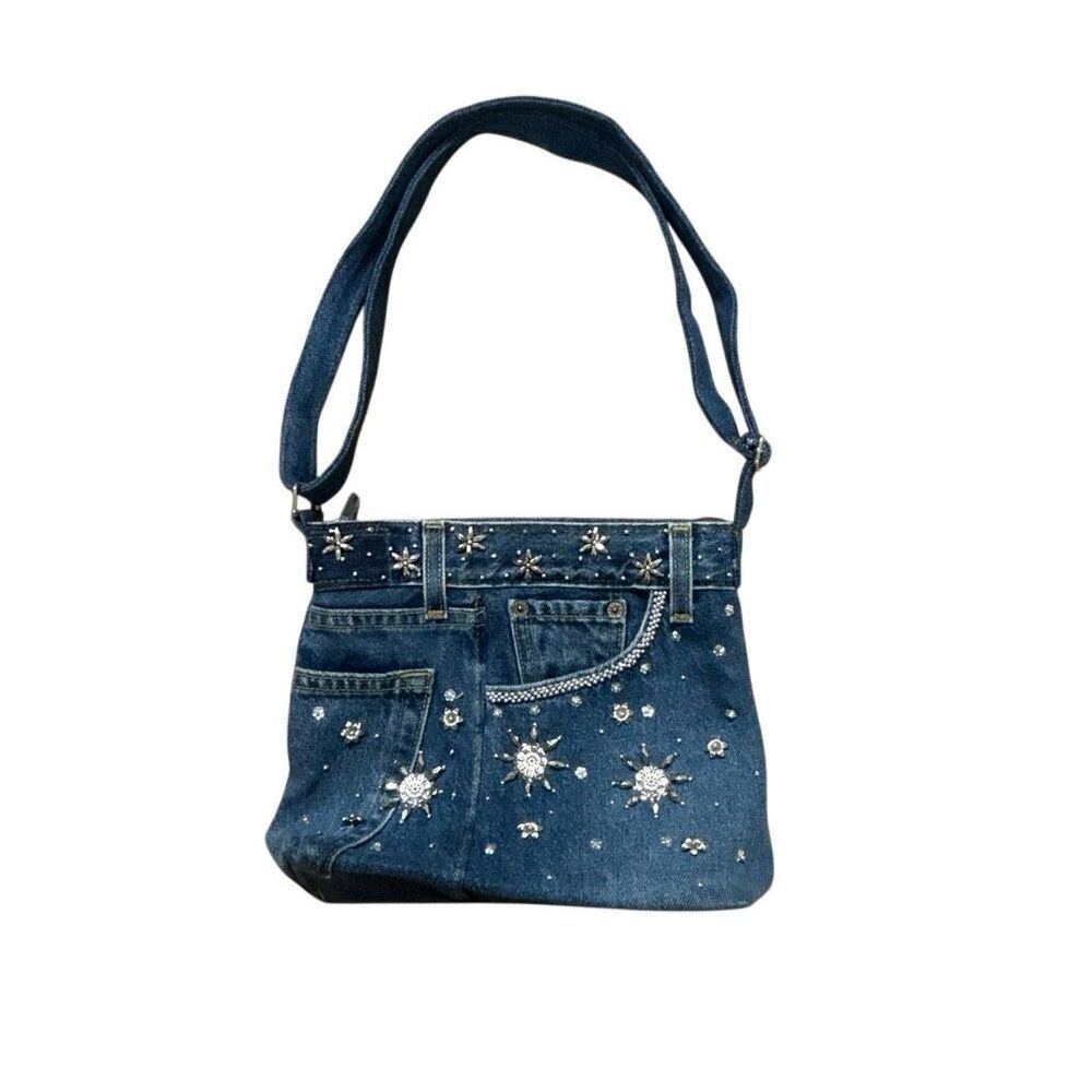 Hand & Heart Denim Patchwork Shoulder Bag Rhinestone Y2K Boho Upcycled Art Purse